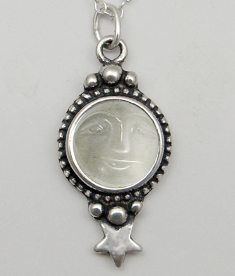 Sterling Silver Unusual Carved White Moonstone Moonface Pendant Necklace